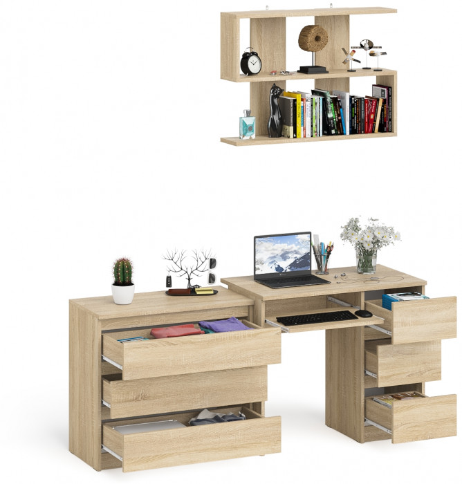 Мори компьютерный стол МС-6 правый + Комод МК800.1 + Полка 900, дуб сонома