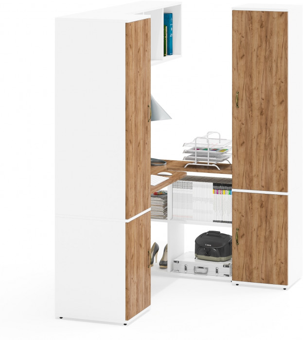 Лидер-8 Пенал МД 23Б + Стол + Полка + Пенал 21Б, цвет белый шагрень/крафт золото, ШхГхВ 245х50х190 или 155х120/50х75/190 см., НЕ универсальная сборка