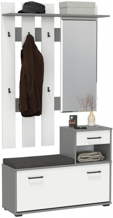Лира ГК Прихожая 1 2-0714+2-3814 Тумба под обувь + Вешалка с зеркалом, цвет графит/белый, ШхГхВ 100х33х185 см., универсальная сборка