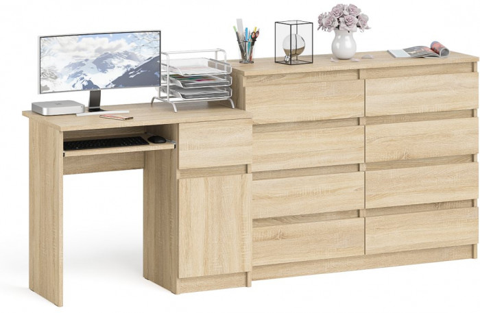 Мори Стол компьютерный МС-1 правый + Комод МК1200.8, цвет дуб сонома, ШхГхВ 210,4х50х94 см., выдвижной ящик справа, НЕ универсальная сборка