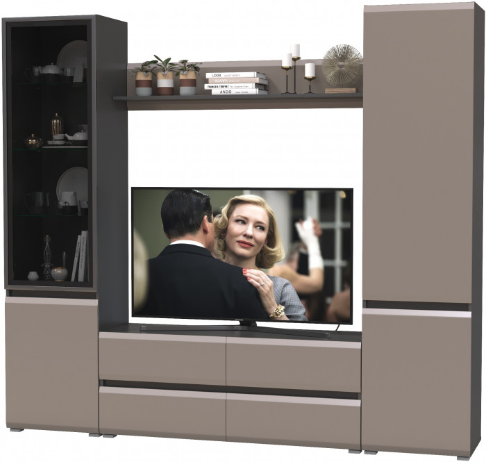 Сидней Комплектация № 050, цвет корпус: антрацит/фасады: МДФ веллюто капучино, ШхГхВ 229,9х41,3х205,2 см., ниша для ТВ 129х41х98 см., универс. сборка