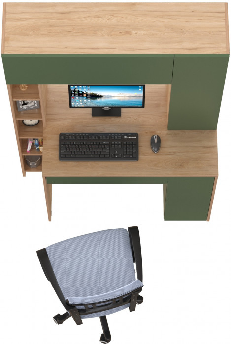 Стол компьютерный Комфорт 12.71 + кресло 103 серое, цвет гикори рокфорд натуральный/дымчатый зелёный, ШхГхВ 116,7х60,2х165,4 см., НЕ ун. сборка