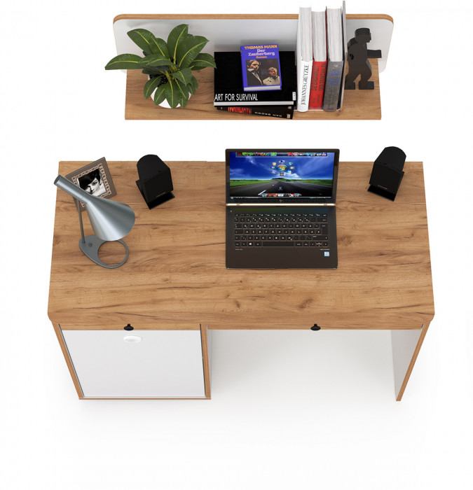 Вуди Стол письменный 12.42 + Полка 15.46, цвет белый премиум/дуб крафт золотой, ШхГхВ 110х52,7х170 см., универсальная сборка