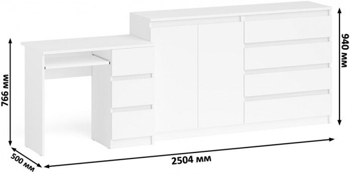 Мори Стол компьютерный МС-6 правый + Комод МК1600.1, цвет белый, ШхГхВ 250,4х50х94 см., выдвижные ящики справа, НЕ универсальная сборка