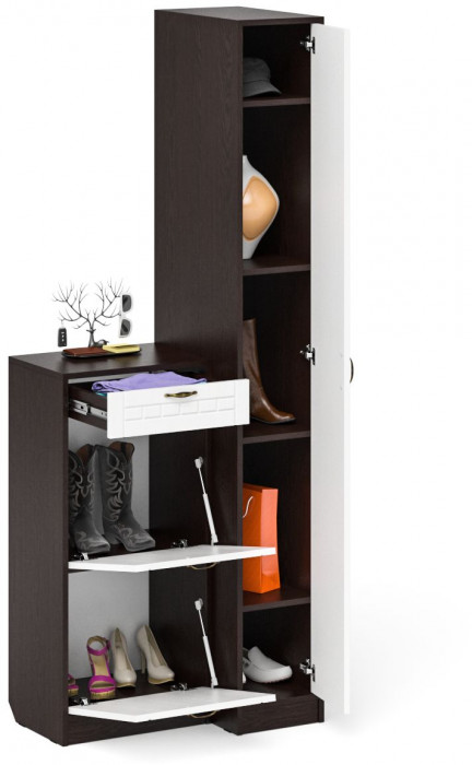 Прихожая П-6 Компоновка № 42, венге/фасады МДФ белое дерево фрезеровка прованс