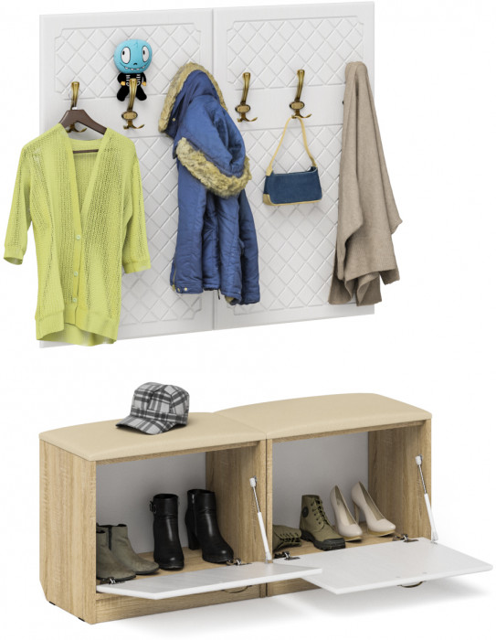 Прихожая П-6 Компоновка № 01, цвет дуб сонома/фасады МДФ белое дерево фрезеровка ромб, ШхГхВ 120х35х200 см.