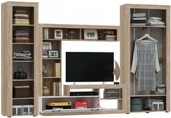 Модульная гостиная Ангара, композиция 3 (Сонома / Белый глянец)