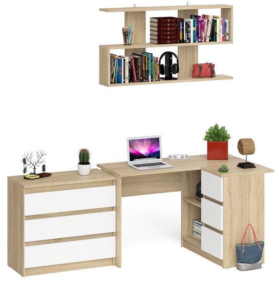 Мори компьютерный стол МС-16 правый + Комод МК800.1 + Полка 1200, дуб сонома/белый