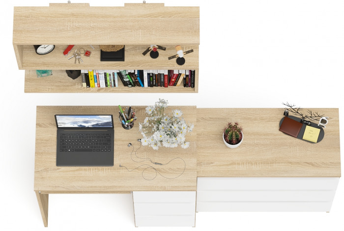 Мори компьютерный стол МС-6 правый + Комод МК800.1 + Полка 900, дуб сонома/белый