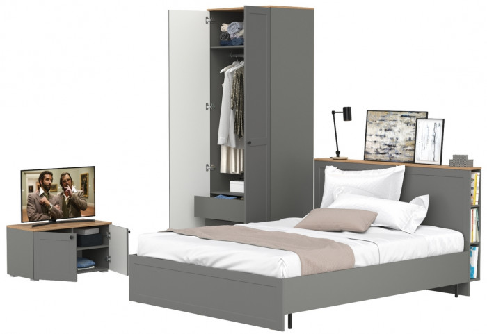 Остин 11.53 Кровать + ортопед + 13.336.02 Шкаф для одежды + 13.257 Тумба, серый графит/дуб крафт золотой