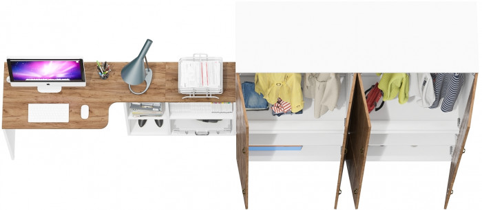 Лидер-8 Стол + Шкаф МД 19Б + Шкаф МД 19Б, цвет белый шагрень/крафт золото, ШхГхВ 325х50х75/190 или 240х115/50х75/190 см., НЕ ун. сборка