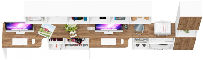 Лидер-8 Стол + Полка + Стол + Полка + Пенал, цвет белый шагрень/крафт золото, ШхГхВ 370х50/30х75/190 или 230х50/120х75/190 см., НЕ универс. сборка