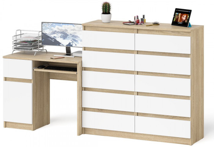 Мори Стол компьютерный МС-1 левый + Комод МК1200.10, цвет дуб сонома/белый, ШхГхВ 210,4х50х115 см., выдвижной ящик слева, НЕ универсальная сборка