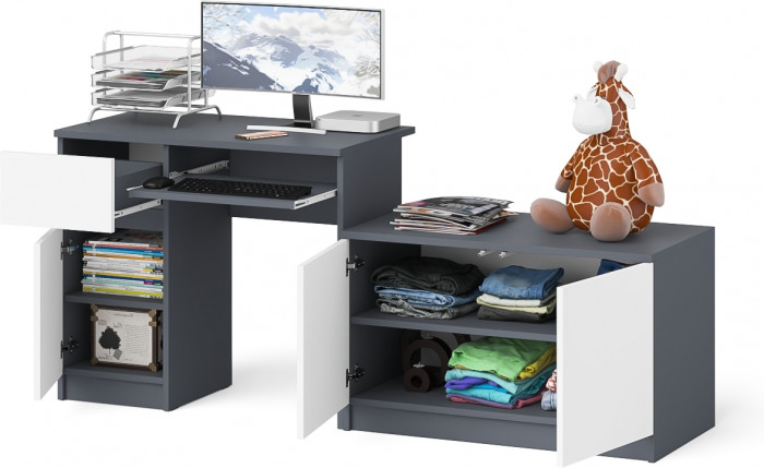 Мори Стол компьютерный МС-1 левый + Тумба МА900.1, цвет графит/белый, ШхГхВ 180,4х50,4х76,6 см., выдвижной ящик слева, НЕ универсальная сборка