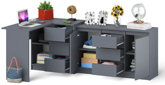 Мори Стол компьютерный МС-16 правый + Комод МК1200.3, цвет графит, ШхГхВ 244,8х84,9х76,6 см., выдвижные ящики справа, НЕ универсальная сборка