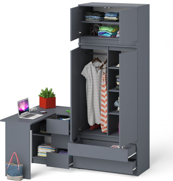 Мори Стол компьютерный МС-16 правый + Шкаф МШ900.1 + Антресоль МА900.1, цвет графит, ШхГхВ 214,8х84,9х234,2 см., выдвижные ящики справа, НЕ ун. сб.
