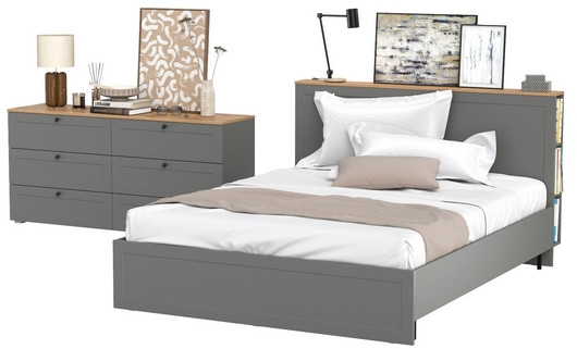 Остин 11.53 Кровать + ортопед + 16.240 Комод, серый графит/дуб крафт золотой
