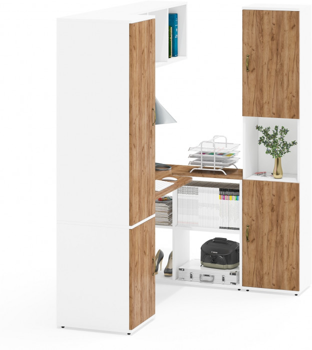 Лидер-8 Пенал МД 23Б + Стол + Полка + Пенал, цвет белый шагрень/крафт золото, ШхГхВ 245х50х75/190 или 155х120/50х75/190 см., НЕ универсальная сборка