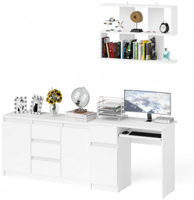 Мори Стол компьютерный МС-1 левый + Комод МК1200.3 + Полка 900, цвет белый, ШхГхВ 210,4х50х209,6 см., НЕ универсальная сборка