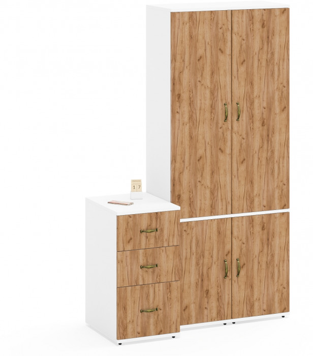 Лидер-8 Пенал МД 22Б + Пенал МД 22Б + Тумба МД 3.16, белый шагрень/крафт золото