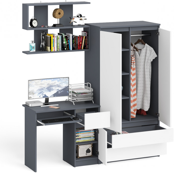 Мори компьютерный стол МС-1 правый + Шкаф МШ900.1 + Полка 900, графит/белый