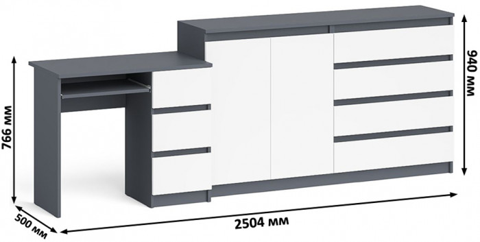 Мори Стол компьютерный МС-6 правый + Комод МК1600.1, цвет графит/белый, ШхГхВ 250,4х50х94 см., выдвижные ящики справа, НЕ универсальная сборка