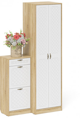 Прихожая П-6 Компоновка № 16, дуб сонома/фасады МДФ белое дерево фрезеровка ромб