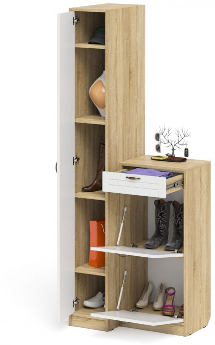 Прихожая П-6 Компоновка № 42, дуб сонома/фасады МДФ белое дерево фрезеровка прованс