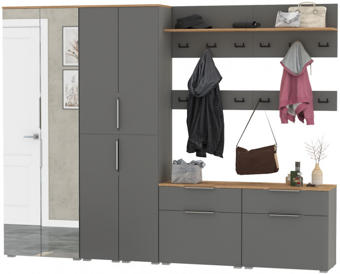 Октава Прихожая 37, цвет серый графит/дуб крафт золотой/фасады МДФ серый графит, ШхГхВ 258,6х35,4х197,6 см., универсальная сборка