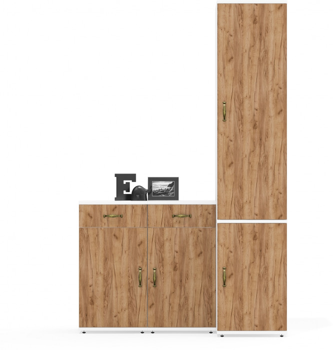 Лидер-8 Пенал МД 23Б + Тумба МД 3.15 + Тумба МД 3.15, цвет белый шагрень/крафт золото, ШхГхВ 120х50х190 см., универсальная сборка