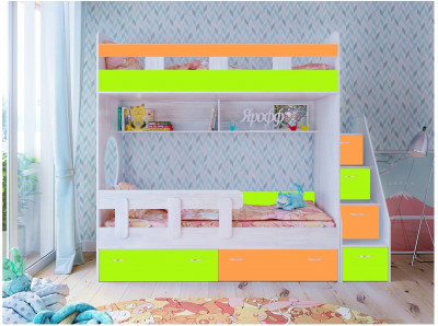 Двухъярусная кровать Юниор 1 + бортик Юниор (Винтерберг/Лайм / Оранжевый)