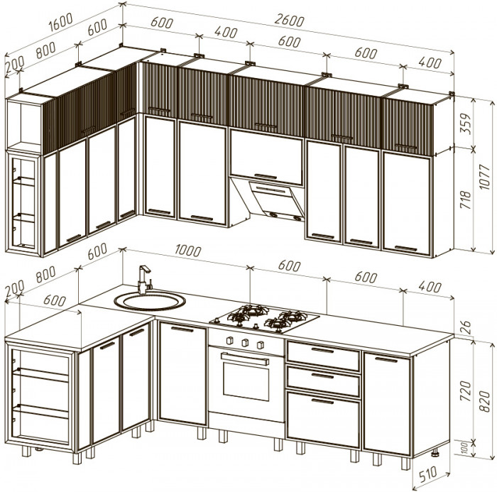 Модульная кухня Бьянка 1,6х2,6/1080м, Дуб крафт/Кашемир