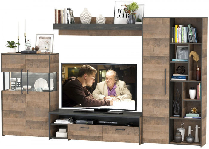 Трувор Гостиная 061, цвет дуб гранж песочный/интра, ШхГхВ 328,6х45,4х194,2 см., универсальная сборка