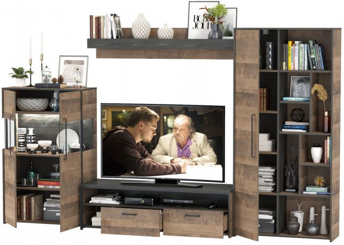 Трувор Гостиная 061, цвет дуб гранж песочный/интра, ШхГхВ 328,6х45,4х194,2 см., универсальная сборка