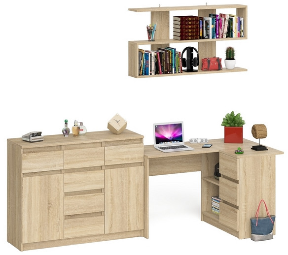 Мори компьютерный стол МС-16 правый + Комод МК1200.4 + Полка 1200, дуб сонома