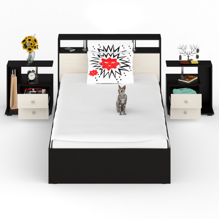 Камелия Кровать 1200 + две тумбы, цвет венге/дуб лоредо, ШхГхВ 236х217х78,2 см., сп.м. 1200х2000 мм., без матраса, основание есть