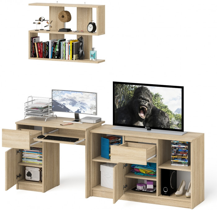 Мори Стол компьютерный МС-1 левый + Тумба МТВ1204.1 + Полка 900, цвет дуб сонома, ШхГхВ 210,4х50х209,6 см., НЕ универсальная сборка