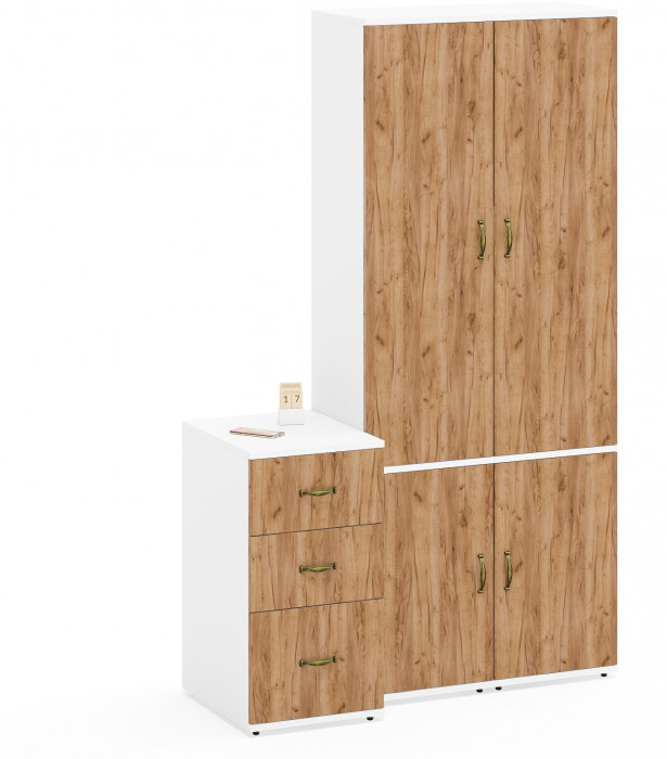 Лидер-8 Пенал МД 21Б + Пенал МД 21Б + Тумба МД 3.16, цвет белый шагрень/крафт золото, ШхГхВ 120х50х190 см., универсальная сборка