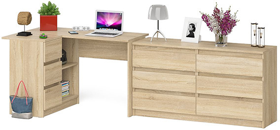 Мори Стол компьютерный МС-16 левый + Комод МК1380.6, цвет дуб сонома, ШхГхВ 262,4х84,9х76,6 см., выдвижные ящики слева, НЕ универсальная сборка