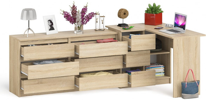 Мори Стол компьютерный МС-16 левый + Комод МК1380.6, цвет дуб сонома, ШхГхВ 262,4х84,9х76,6 см., выдвижные ящики слева, НЕ универсальная сборка