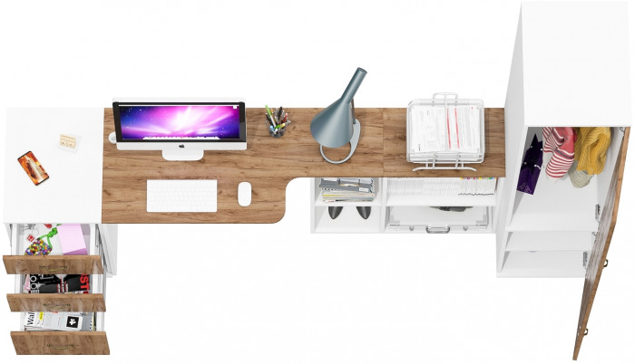 Лидер-8 Стол + Тумба МД 3.16 + Пенал МД 23Б, белый шагрень/крафт золото