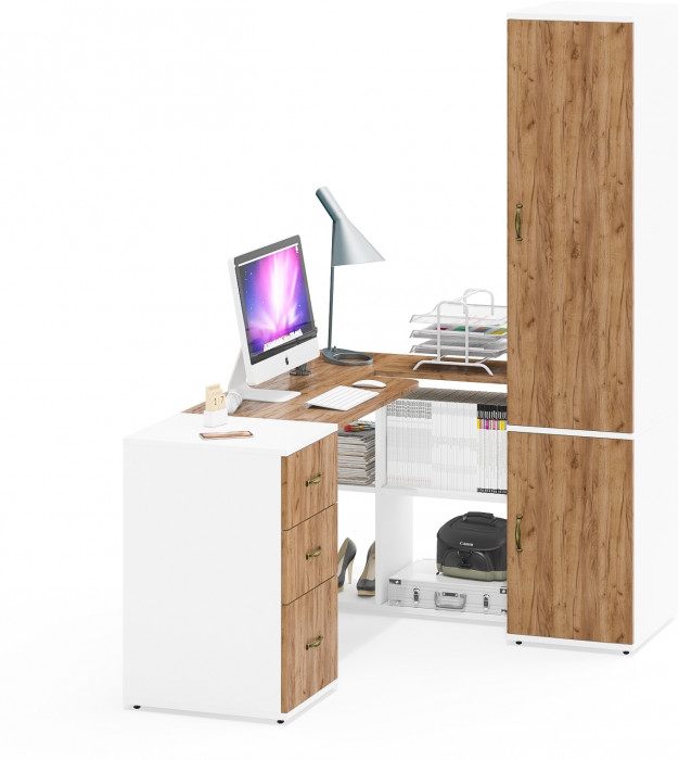 Лидер-8 Стол + Тумба МД 3.16 + Пенал МД 23Б, белый шагрень/крафт золото