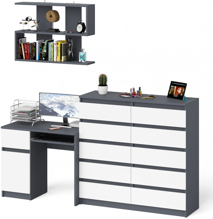 Мори компьютерный стол МС-1 левый + Комод МК1200.10 + Полка 900, графит/белый