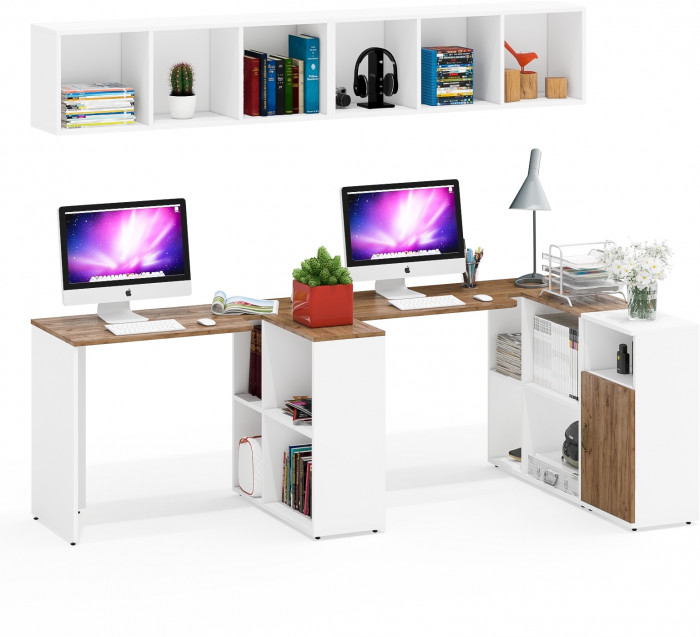 Лидер-8 Стол + Полка + Стол + Полка + Тумба МД 3.19, цвет белый шагрень/крафт золото, ШхГхВ 370х50/30х75 см. или 230х50/120х75 см., НЕ универс. сборка