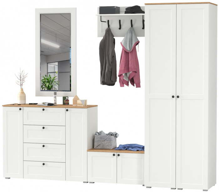 Остин Прихожая 52, цвет белый шагрень/дуб крафт золотой, ШхГхВ 280х54,3х229,6 см., универсальная сборка