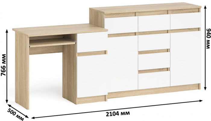 Мори Стол компьютерный МС-1 правый + Комод МК1200.4, цвет дуб сонома/белый, ШхГхВ 210,4х50х94 см., выдвижной ящик справа, НЕ универсальная сборка