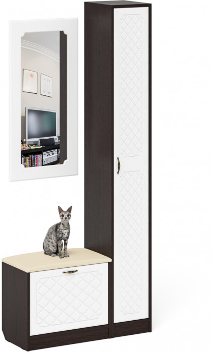 Прихожая П-6 Компоновка № 20, цвет венге/фасады МДФ белое дерево фрезеровка ромб, ШхГхВ 90х35х210 см., универсальная сборка