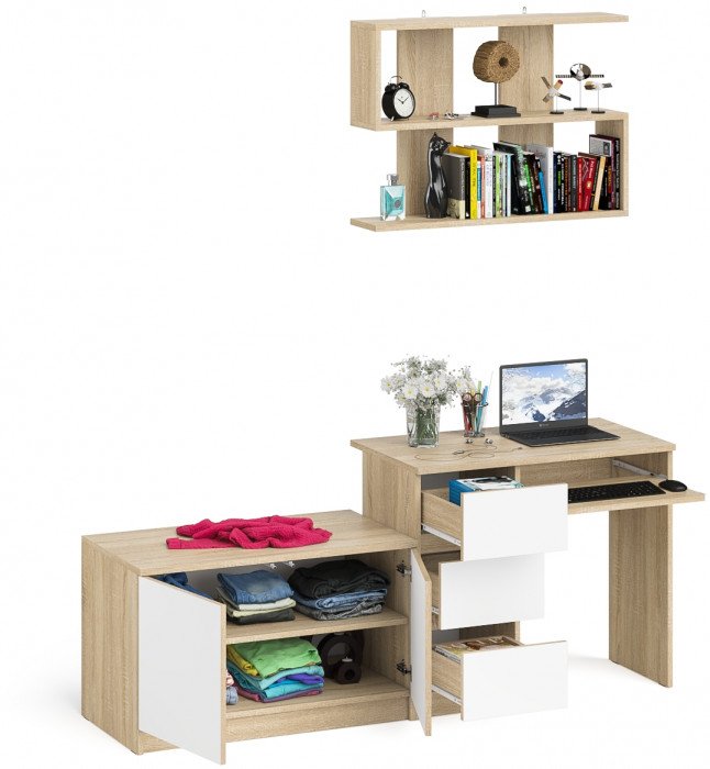 Мори Стол компьютерный МС-6 левый + Тумба МА900.1 + Полка 900, цвет дуб сонома/белый, ШхГхВ 180,4х50,4х209,6 см., НЕ универсальная сборка