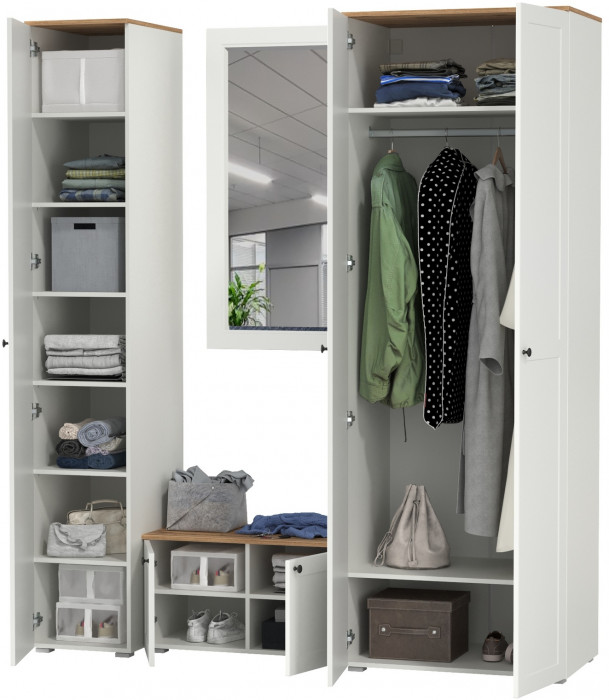 Остин Прихожая 42, цвет белый шагрень/дуб крафт золотой, ШхГхВ 200х54,3х229,6 см., универсальная сборка