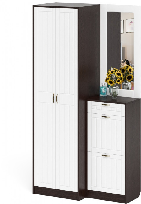 Прихожая П-6 Компоновка № 17, венге/фасады МДФ белое дерево фрезеровка прованс